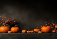 Thanksgiving background with a contemporary take on a harvest theme with sleek, graphic designs of pumpkins and fall elements.