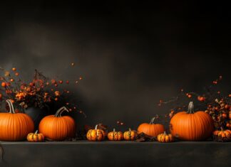 Thanksgiving background with a contemporary take on a harvest theme with sleek, graphic designs of pumpkins and fall elements.