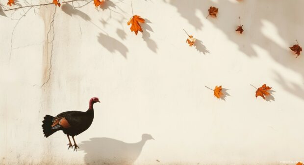 Thanksgiving background with a single turkey silhouette and a few autumn leaves.