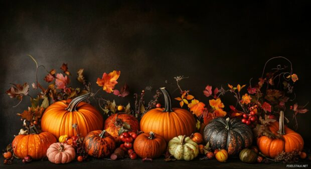 Thanksgiving desktop HD wallpaper with sleek, graphic designs of pumpkins and fall elements against a dark background.