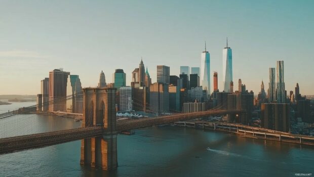 The Brooklyn Bridge at sunrise, with the city skyline bathed in warm light.