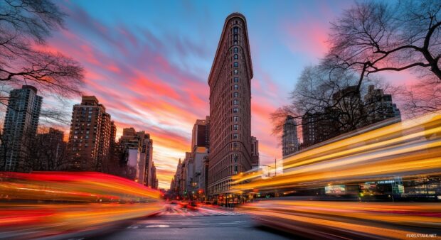 The Flatiron Building surrounded by the vibrant energy of the city.