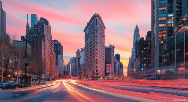 The Flatiron Building surrounded by the vibrant energy of the city.