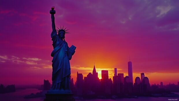 The Statue of Liberty with the Manhattan skyline in the background during a vibrant sunset.