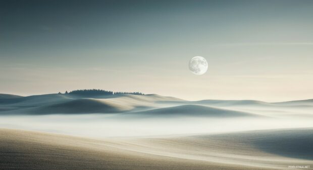 The Sun and Moon wallpaper with both the sun and moon in the sky, casting gentle light on rolling hills.