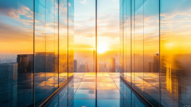 The horizon of a city at sunrise, with soft light reflecting off glass buildings.