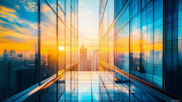 The horizon of a city at sunrise, with soft light reflecting off glass buildings.