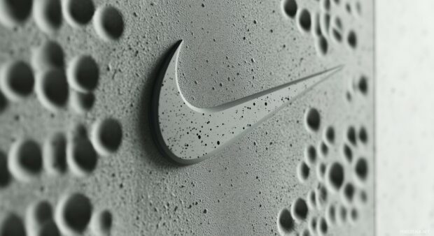 The iconic Nike Logo 3D on a textured concrete background, with subtle lighting highlighting the contours of the logo.