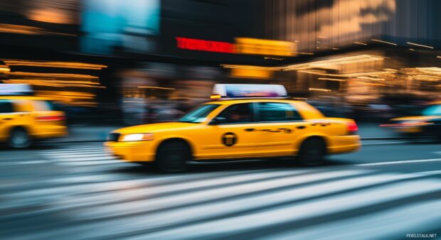 The iconic yellow taxis of New York City driving through busy streets.