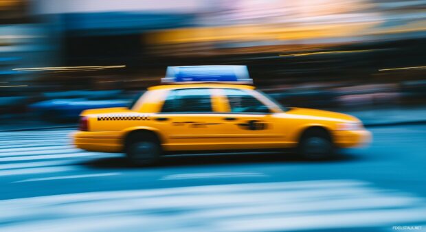 The iconic yellow taxis of New York City driving through busy streets.