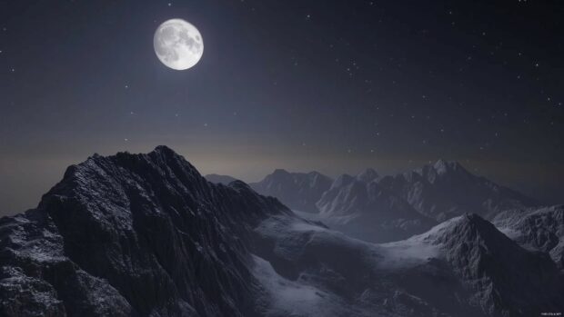 The moon and stars glowing gently over a quiet mountain range.