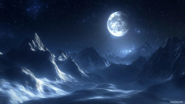 The moon and stars glowing gently over a quiet mountain range, casting soft shadows on the peaks below.