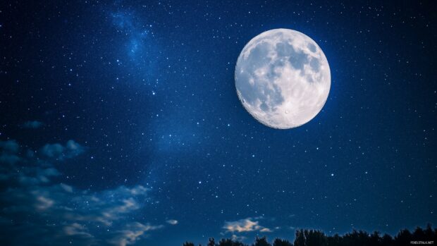 The moon hanging low on the horizon, surrounded by a vast galaxy of stars in a dark, HD wallpaper.