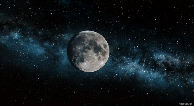 The moon shining brightly in the center of the sky, with stars scattered across the vastness of space.