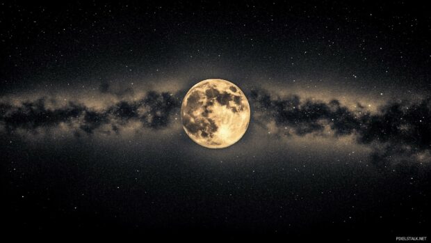 The moon shining brightly in the center of the sky with stars scattered across the vastness of space.