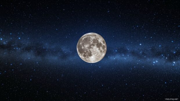 The moon shining brightly in the center of the sky, with stars scattered across the vastness of space.