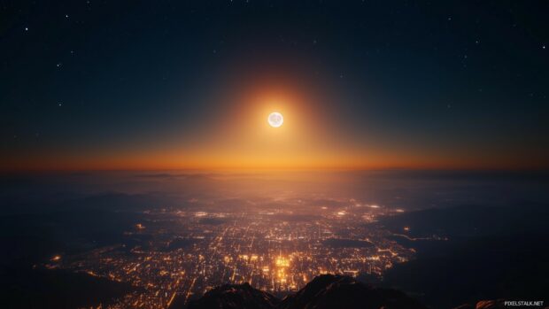 The sun and moon both shining in a clear night sky, with subtle light reflecting on a minimalist cityscape below.