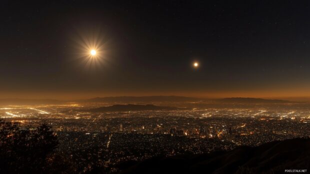 The sun shining and the moon hovers faintly in the opposite sky.