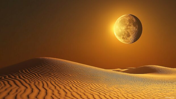 The sun shining brightly over a desert and the moon hovers faintly in the opposite sky.