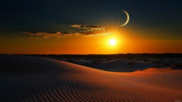 The sun shining brightly over a desert, while the moon hovers faintly in the opposite sky.