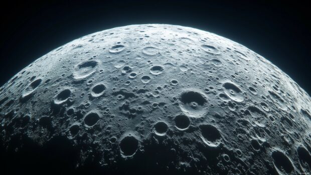 The surface of the moon with detailed craters and textures, set against the dark backdrop of outer space.