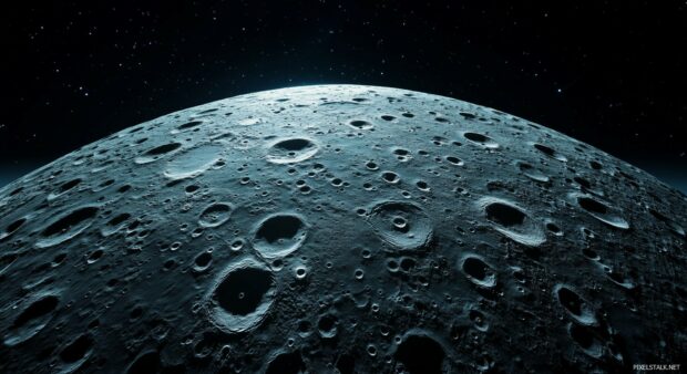 The surface of the moon with detailed craters and textures, set against the dark backdrop of outer space.