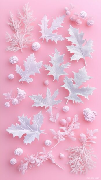 Tiny holly leaves and berries in light pink and white, Pink Christmas Wallpaper for iPhone.