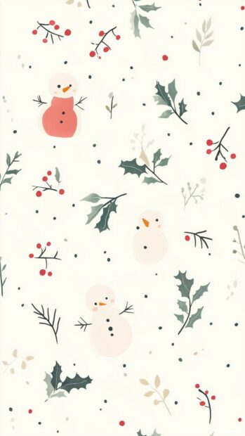 Tiny snowmen and holly berries scattered across a simple grid layout, Christmas phone wallpaper free download.