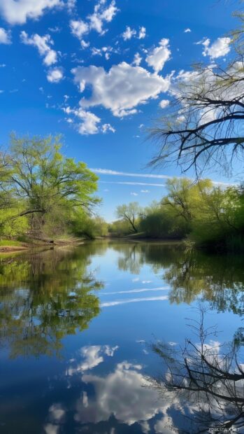 Tranquil spring pond reflecting the blue sky and budding trees.