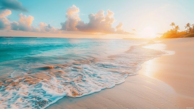 Tropical beach Wallpaper 4K Resolution with white sand, turquoise water, palm trees swaying, vibrant sunset, peaceful horizon.