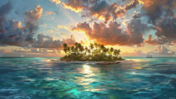 Tropical island with palm trees and turquoise water, Sunset Wallpaper 4K Resolution.