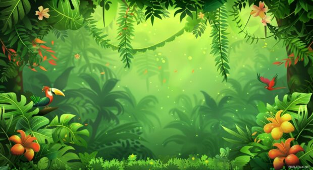 Tropical rainforest 1080p HD Nature Backgrounds with dense greenery, vibrant flowers, and exotic birds.