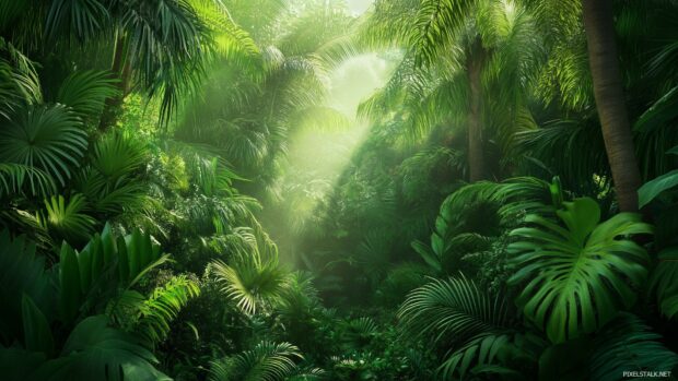 Tropical rainforest Desktop Background with thick vegetation, towering trees, and vibrant green hues.