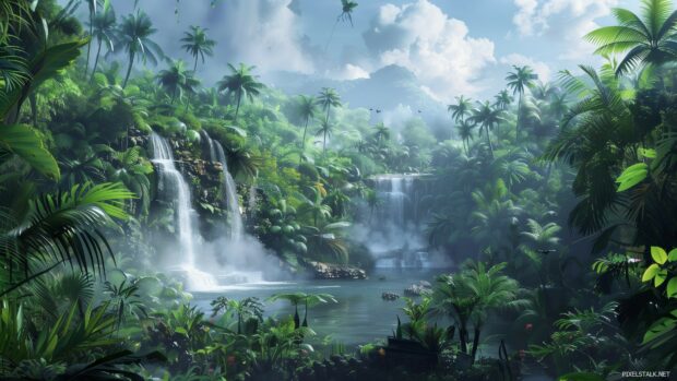 Tropical rainforest wallpaper 1920x1080 with a waterfall, dense foliage, mist rising.