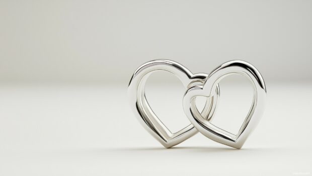 Two interlocking hearts in silver on a clean white background.