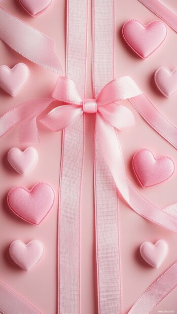 Valentine Day Image with Cute pink ribbon and heart shapes forming a delicate, simple pattern over a pastel backdrop.