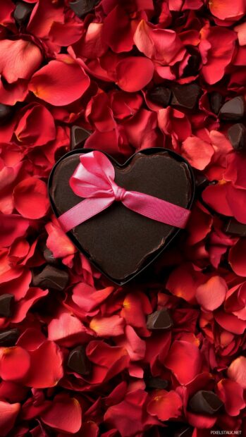 Valentine Day Wallpaper HD with a close up of a heart shaped box of chocolates with a pink ribbon, lying on a bed of rose petals.