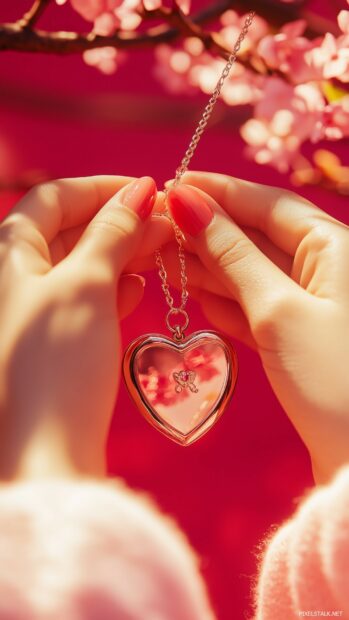 Valentine Day Wallpaper with a close up of two hands holding a heart shaped locket with a delicate pink and red background, capturing love and connection.