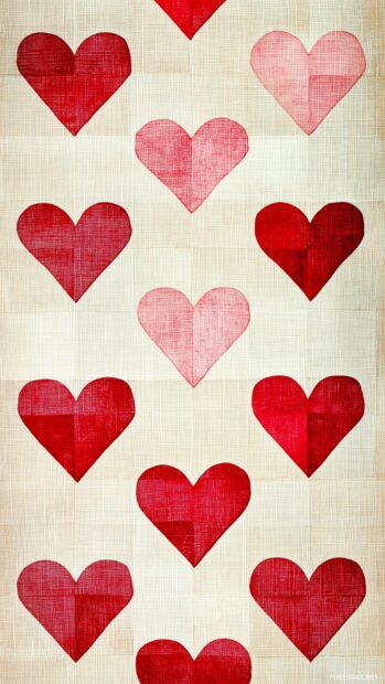 Valentine Day iPhone Wallpaper with a checkerboard pattern of red and pink hearts on a soft beige backdrop for a vintage Valentine look.