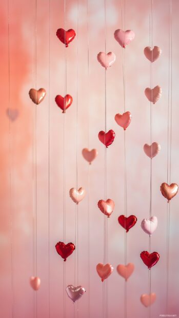 Valentine Day mobile Wallpaper with a pastel pink and red background featuring tiny heart balloons drifting upwards with soft, gentle lighting.