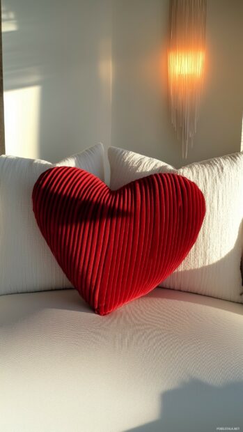 Valentine Day with a red velvet heart shaped cushion placed on a white couch with warm, cozy lighting.