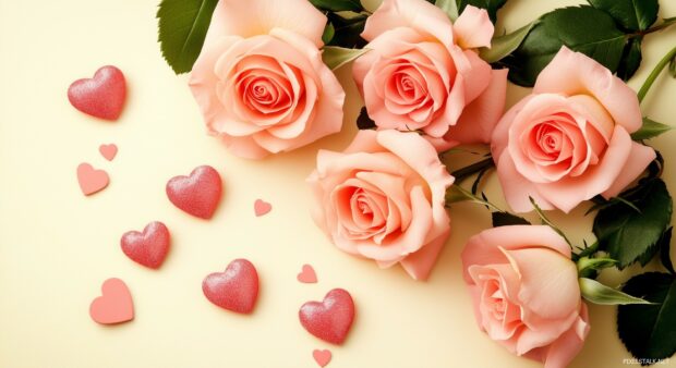 Valentine Desktop Wallpaper with light pink roses and hearts in a scattered arrangement on a cream background.