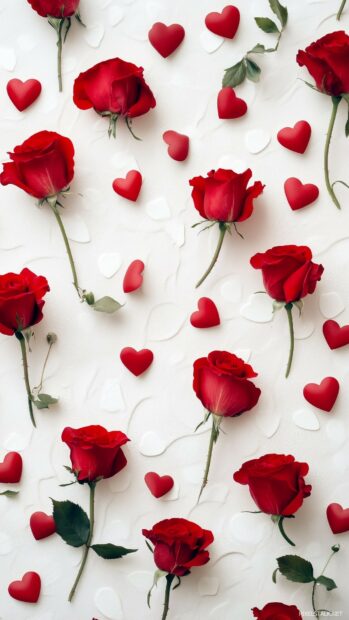 Valentine theme with small red roses and tiny hearts against a soft white backdrop.