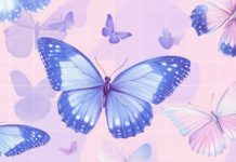 Vibrant butterflies in shades of purple and blue, arranged in a geometric grid pattern over a soft, pastel background.