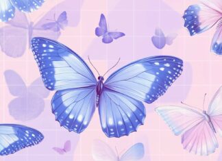 Vibrant butterflies in shades of purple and blue, arranged in a geometric grid pattern over a soft, pastel background.