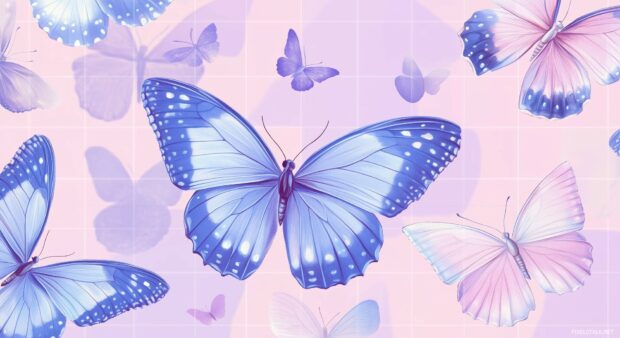 Vibrant butterflies in shades of purple and blue, arranged in a geometric grid pattern over a soft, pastel background.