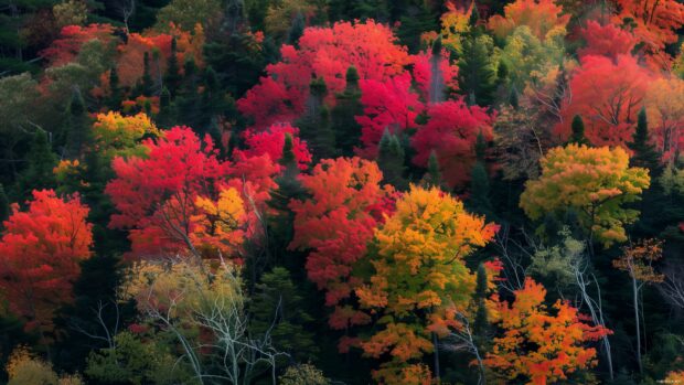 Vibrant fall foliage on a hillside.