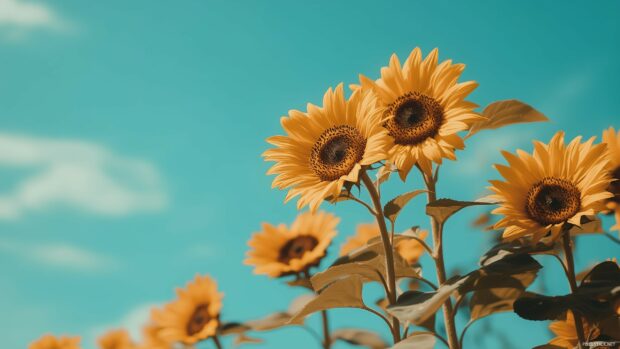 Vibrant field of sunflowers under a bright blue sky, with warm sunlight illuminating each bloom.