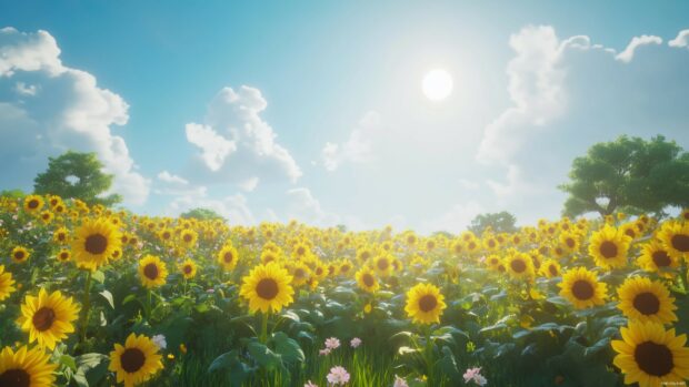 Vibrant field of sunflowers under a bright blue sky, with warm sunlight illuminating each bloom.