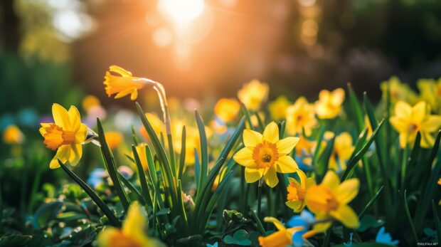 Vibrant spring flowers in a sunlit garden.